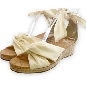 UGG Cream Espadrille Wedge Sandals Ankle Tie Ribbon Back Zip Boho Beach Size 6.5